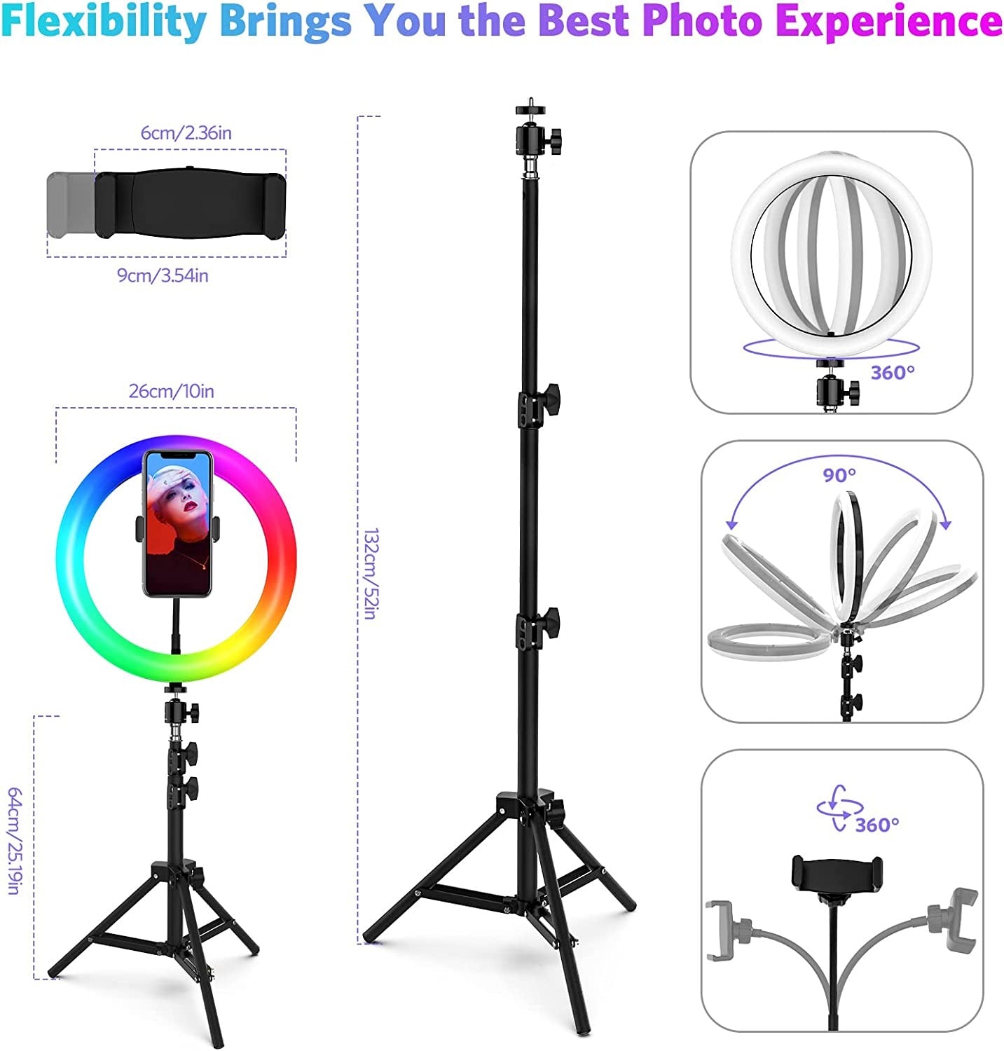 26cm Ring Light with Mobile Holder, Stand Holder and 7ft Stand, RingLight with 7 Feet Stand, Three Colours Makeup LED RingLight with Tripod Stand, Dimmable Selfie RingLight with USB for Videography and Photography