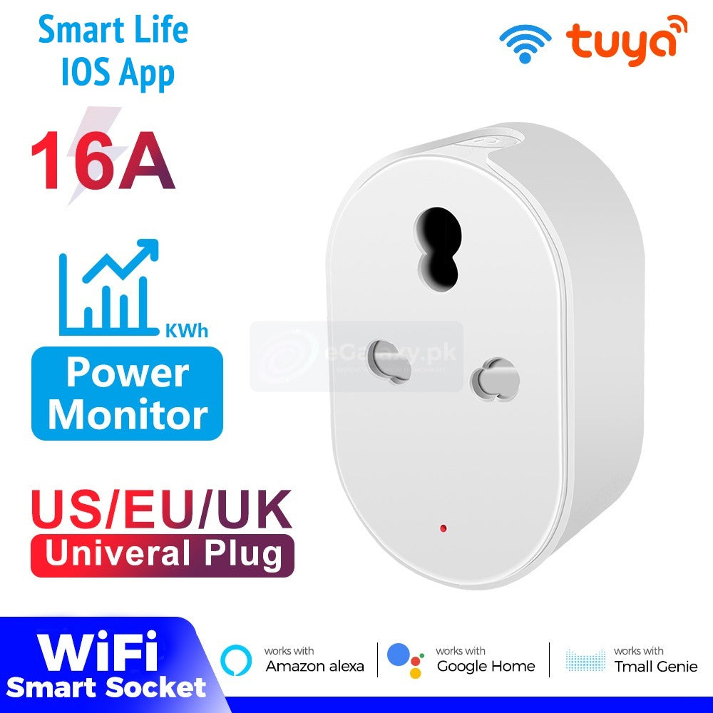 16A Smart Wifi Plug Socket - 3 Pin WiFi Plug for AC, Motor, Freezer, Heaters, TVs, Fan Wifi Smart Switch With Power Monitoring Smart Life App, Alexa and Google Assistant, Watt meter 16 ampere wifi plug, 3 pin round power plug, watt meter