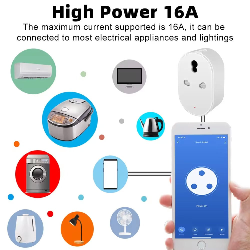16A Smart Wifi Plug Socket - 3 Pin WiFi Plug for AC, Motor, Freezer, Heaters, TVs, Fan Wifi Smart Switch With Power Monitoring Smart Life App, Alexa and Google Assistant, Watt meter 16 ampere wifi plug, 3 pin round power plug, watt meter