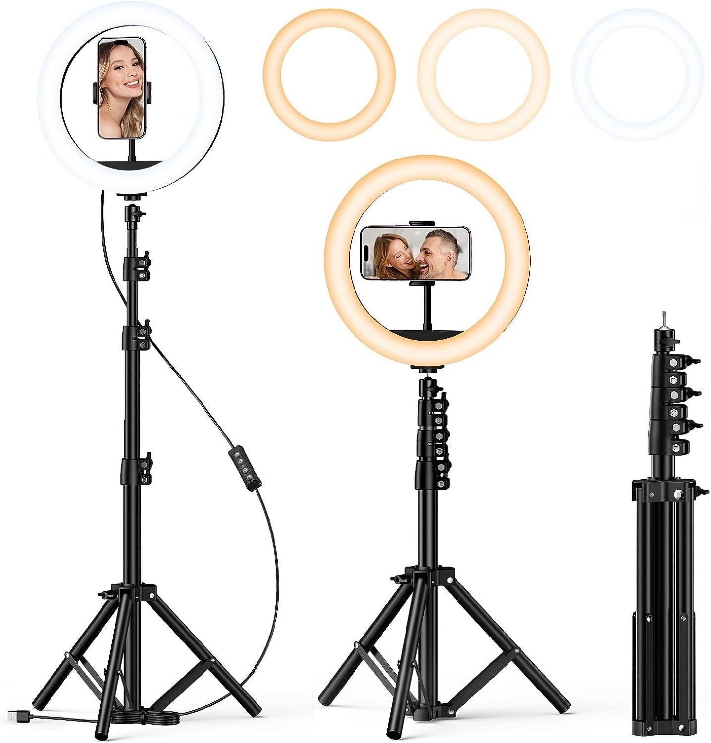26cm Ring Light with Mobile Holder, Stand Holder and 7ft Stand, RingLight with 7 Feet Stand, Three Colours Makeup LED RingLight with Tripod Stand, Dimmable Selfie RingLight with USB for Videography and Photography
