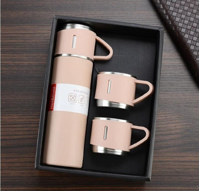 water bottle - steel water bottle - temperature water bottle - vaccum bottle - stainless Steel Vacuum Insulated Thermos 500ml (3pcs) With Extra 2 Cups Stainless Steel Thermal Bottle for Hot and Cold Beverages with Coffee Water Cup Travel Kit Perfect Gift