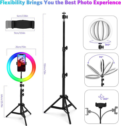 26cm Ring Light with Mobile Holder, Stand Holder and 7ft Stand, RingLight with 7 Feet Stand, Three Colours Makeup LED RingLight with Tripod Stand, Dimmable Selfie RingLight with USB for Videography and Photography