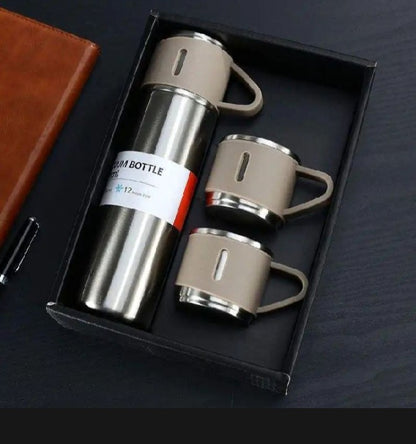 water bottle - steel water bottle - temperature water bottle - vaccum bottle - stainless Steel Vacuum Insulated Thermos 500ml (3pcs) With Extra 2 Cups Stainless Steel Thermal Bottle for Hot and Cold Beverages with Coffee Water Cup Travel Kit Perfect Gift