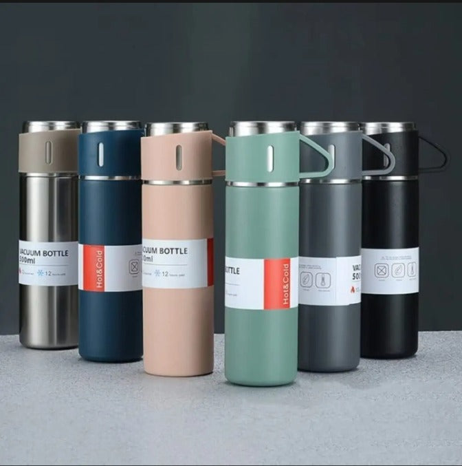 water bottle - steel water bottle - temperature water bottle - vaccum bottle - stainless Steel Vacuum Insulated Thermos 500ml (3pcs) With Extra 2 Cups Stainless Steel Thermal Bottle for Hot and Cold Beverages with Coffee Water Cup Travel Kit Perfect Gift