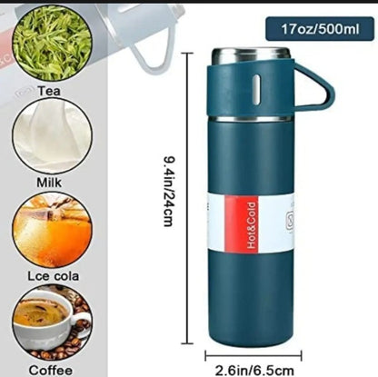 water bottle - steel water bottle - temperature water bottle - vaccum bottle - stainless Steel Vacuum Insulated Thermos 500ml (3pcs) With Extra 2 Cups Stainless Steel Thermal Bottle for Hot and Cold Beverages with Coffee Water Cup Travel Kit Perfect Gift
