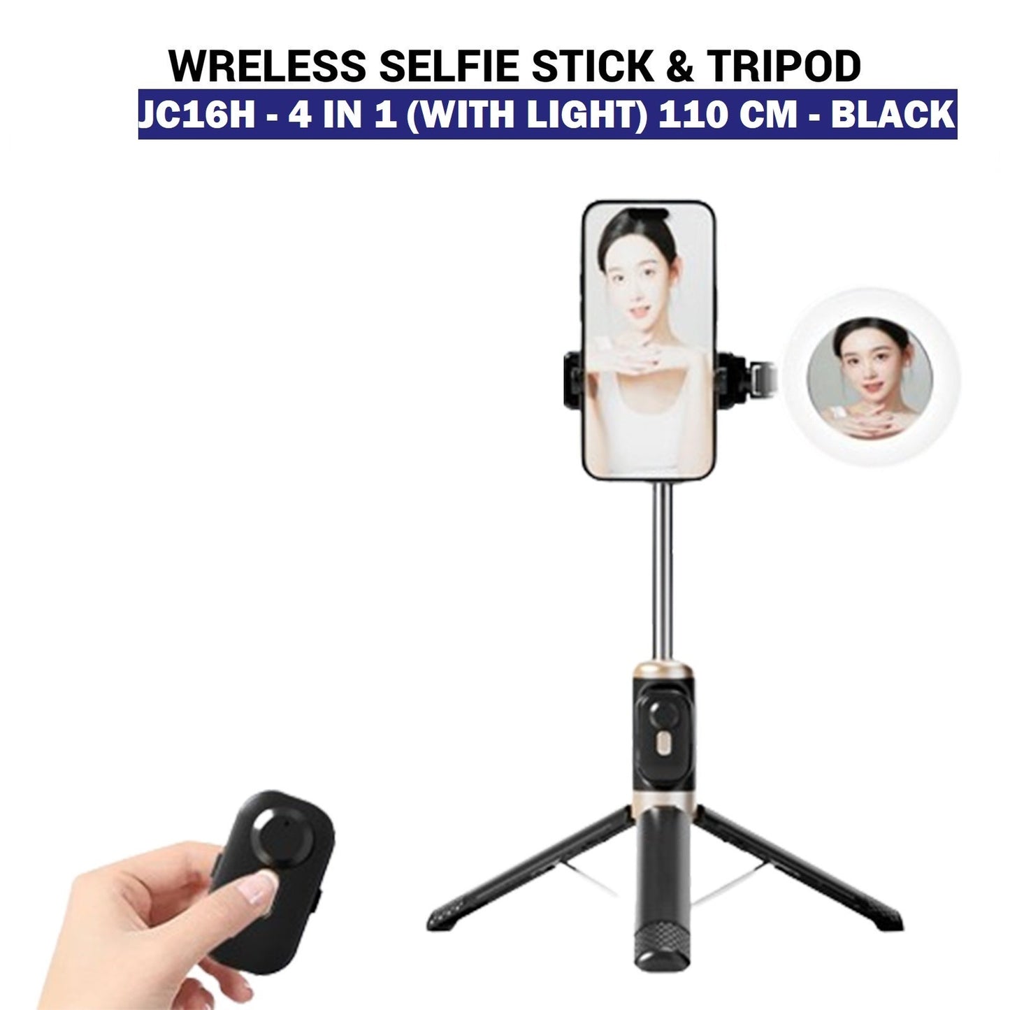 Original 4 IN 1 Wireless Selfie Stick Tripod 70CM / 110CM / 165CM /170cm Height R1S/ R1/ JC16 / JC16H /JC18/ With Light & without Light Bluetooth Shutter Foldable Selfie stick for all Phones Tripod Stand Videos Photography Traveling Tiktok YouTube Vlogs