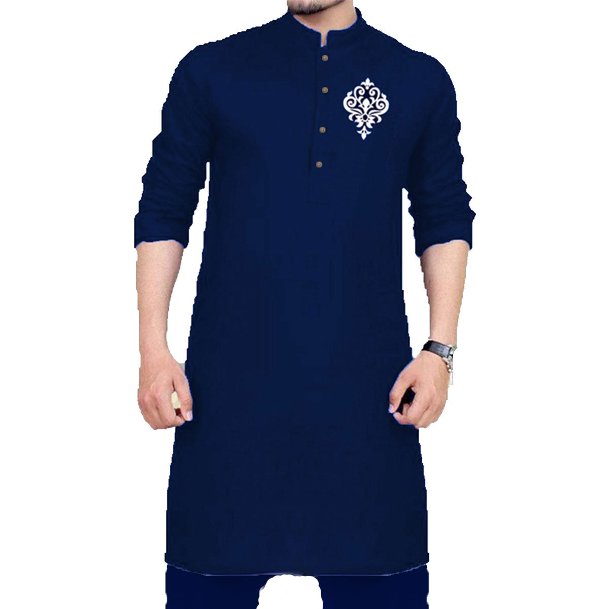 Stylish Navy Blue Chest Bunch Printed Men's and Boys Kurta Pajama / Shalwar Kameez - New Design for Gents