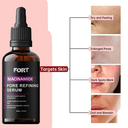 FORT PORE REFINING Serum Niacinamide & Glycolic Acid Serum for Glowing Skin Dark Spot Correcting Pore Refining Face Serum Skin Whitening Anti-Aging Glass Skin Care 30ml