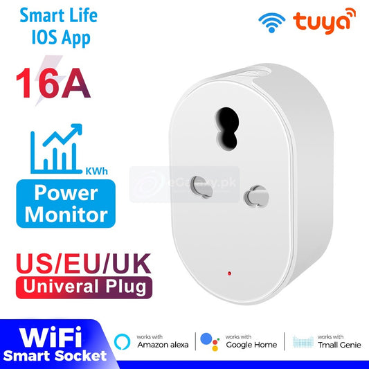 16A Smart Wifi Plug Socket - 3 Pin WiFi Plug for AC, Motor, Freezer, Heaters, TVs, Fan Wifi Smart Switch With Power Monitoring Smart Life App, Alexa and Google Assistant, Watt meter 16 ampere wifi plug, 3 pin round power plug, watt meter