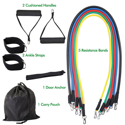 11 PCS Latex Resistance Band Set Yoga Pilates Abs Exercise Fitness Gym Workout Set With Elastic Tube, Door Anchor, Ankle Straps, And Handles For Weight Loss Or Stretch