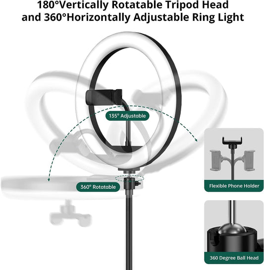 26cm Ring Light with Mobile Holder, Stand Holder and 7ft Stand, RingLight with 7 Feet Stand, Three Colours Makeup LED RingLight with Tripod Stand, Dimmable Selfie RingLight with USB for Videography and Photography