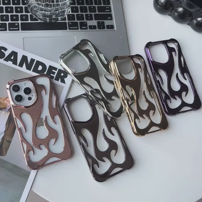 100%new celebrity trend+In stock+COD INS Fashion Hollowed Fire Flame Phone Case For iphone 16 15 13 12 11 Pro Max 14 Plus Cool Boy Girl Silver Plating Soft Cover for Samsung A14 A15 A16