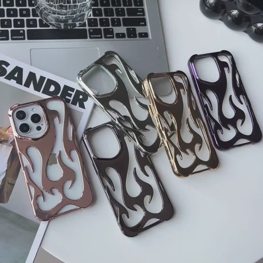 100%new celebrity trend+In stock+COD INS Fashion Hollowed Fire Flame Phone Case For iphone 16 15 13 12 11 Pro Max 14 Plus Cool Boy Girl Silver Plating Soft Cover for Samsung A14 A15 A16